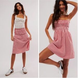 Free People FP One Sunni Convertible Skirt Dress Red Gingham Smocked Cotton S
